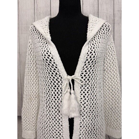 J.Jill Women's Medium White Crochet Hooded Cardigan Fringe Hem Layering Boho - Picture 4 of 10